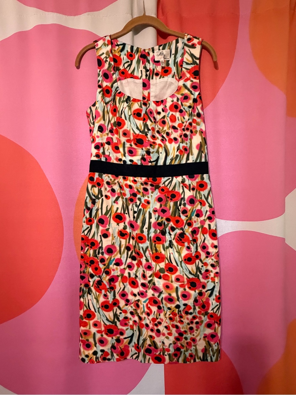 Milly of New York vintage Floral Midi Sheath Dress in Red, Pink & Green